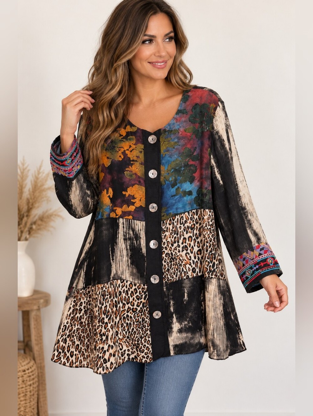 Calessa 1X Boho Patchwork Leopard Floral Embroidered Button Front Tunic